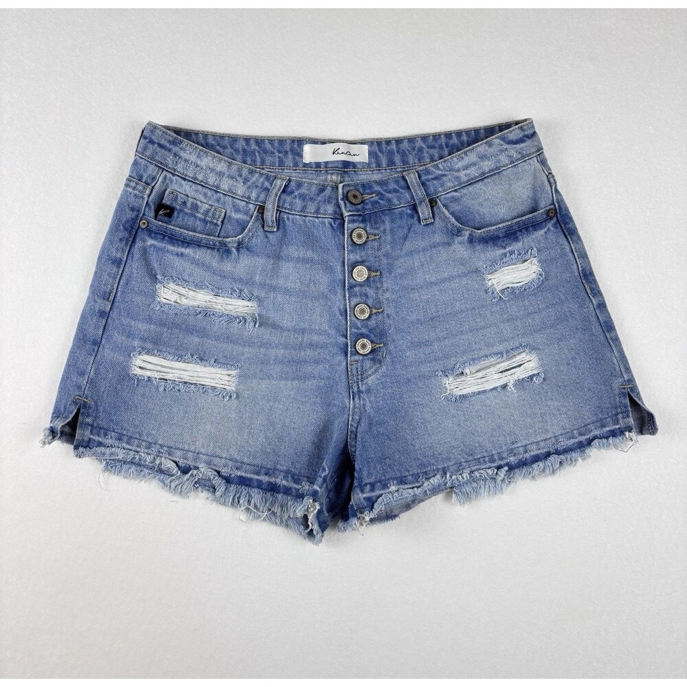 KanCan Women’s Large Distressed Denim Shorts Button Fly Frayed Hem Blue